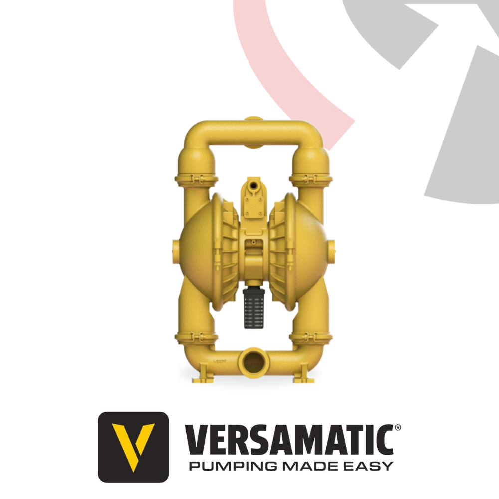 A yellow Versamatic 2 inch clamped AODD pump with a lightweight aluminum body.