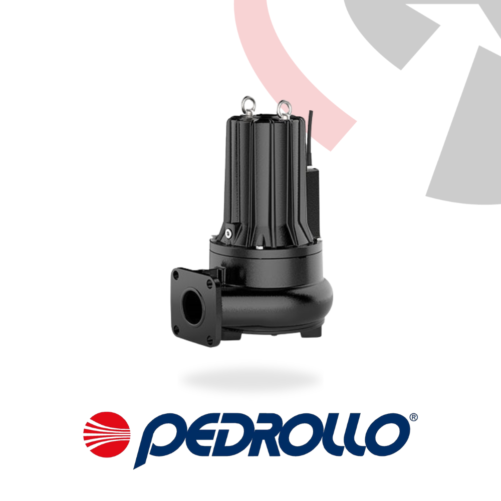 A black Pedrollo submersible guide rail mounted double-channel pump with flanges, displayed against a white background with a logo on the bottom.