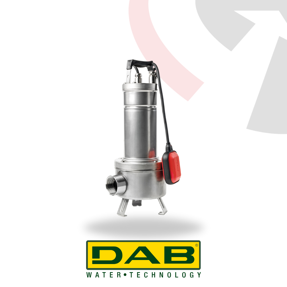 A stainless steel submersible centrifugal pump with a red handle and black power cable, branded DAB Water Technology.