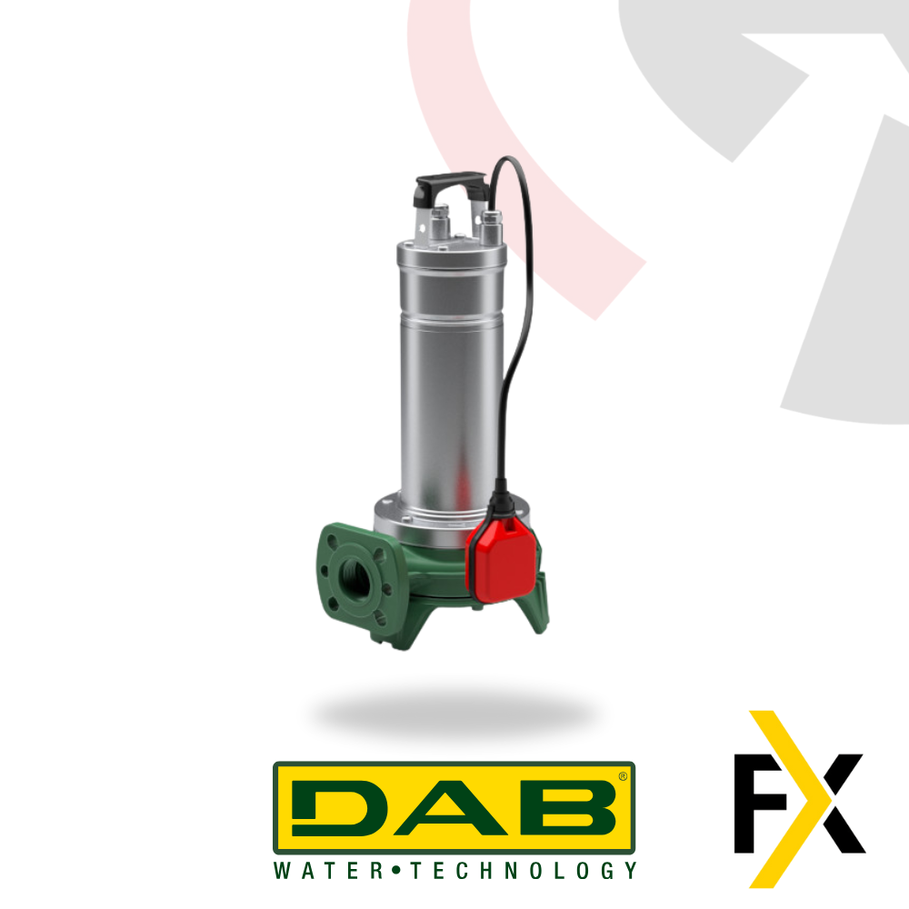 Two submersible pumps with shredders, one with a red valve and the other with a gray valve, both on a green base, with the DAB brand logo and the FX symbol in the foreground.
