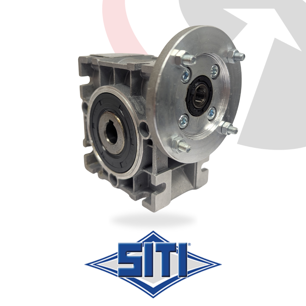 SITI MI30-80 worm gearbox with D63 B14 motor interface, foot mounted design and hollow output shaft.
