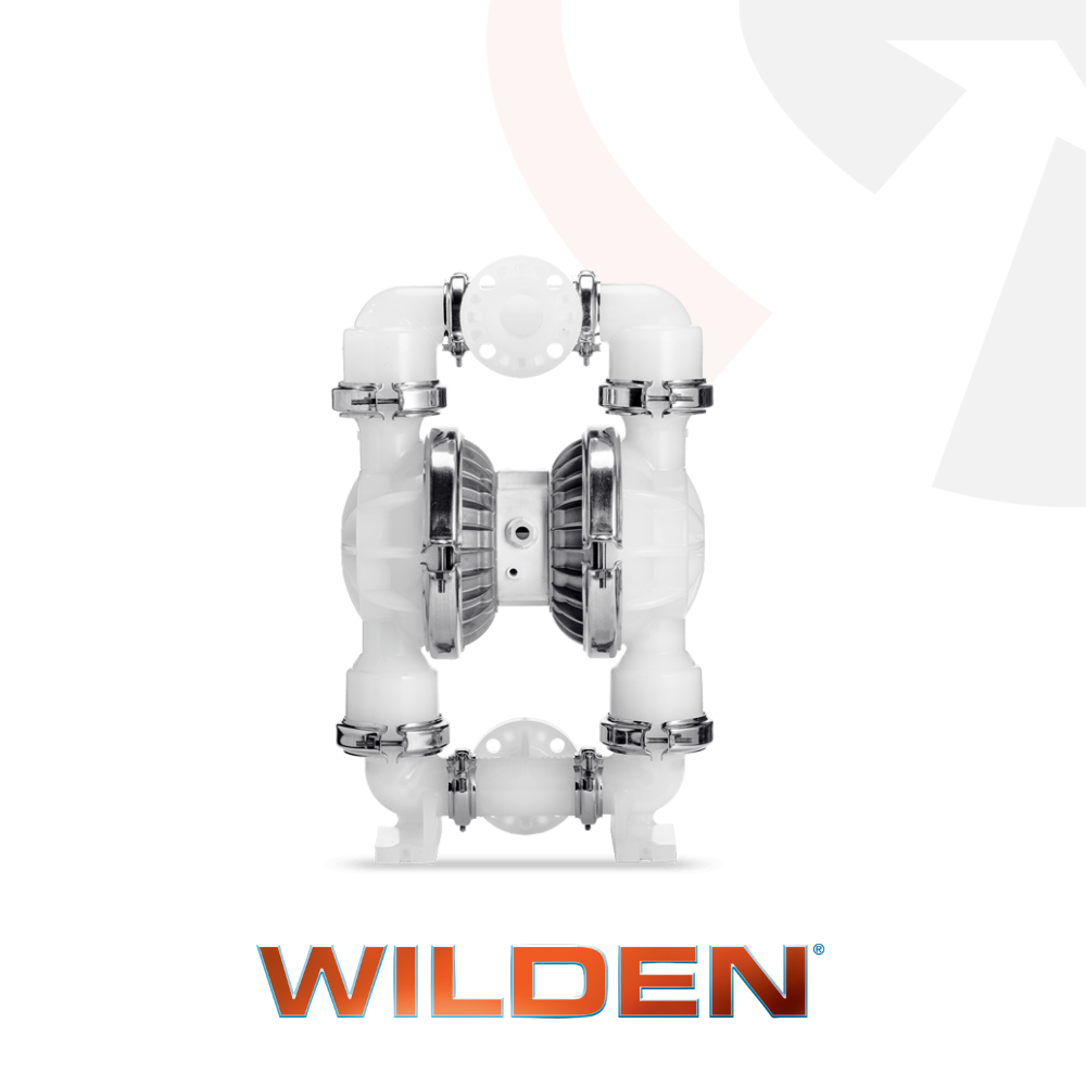 Wilden Pro-Flo Series Clamped Plastic AODD Pump (P8) with white and silver colors, showcasing the front view with the Wilden logo.