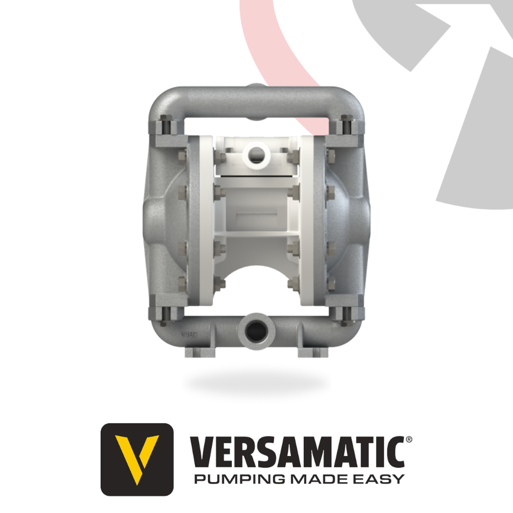 A Versamatic 1/2 inch (13mm) metal bolted AODD pump with a gray body and air valve system, on a white background with the Versamatic logo and text 'PUMPING MADE EASY'.
