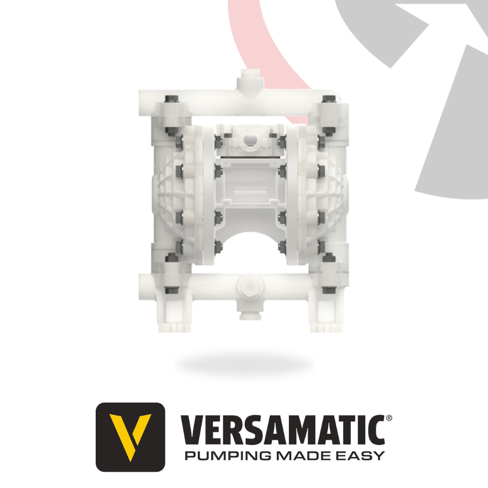 A Versamatic 1/2 inch (13mm) bolted PVDF AODD pump, primarily white in color, with the brand logo 'VERSAMATIC' displayed below.