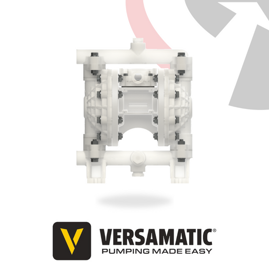A Versamatic 1/2 inch (13mm) bolted PVDF AODD pump, primarily white in color, with the brand logo 'VERSAMATIC' displayed below.