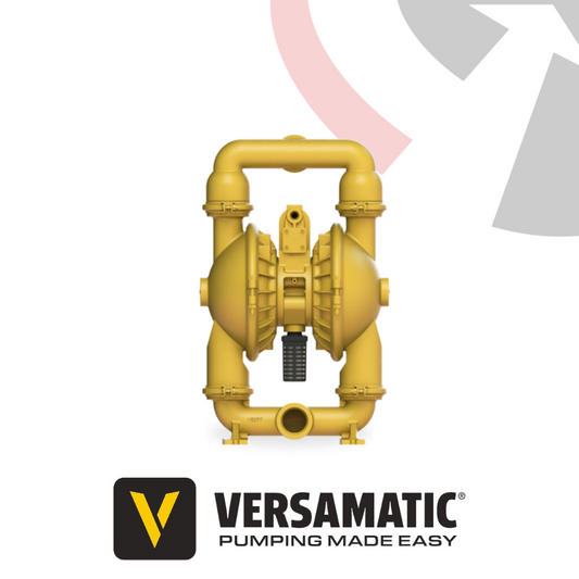A yellow Versamatic 2 inch clamped AODD pump with a lightweight aluminum body.
