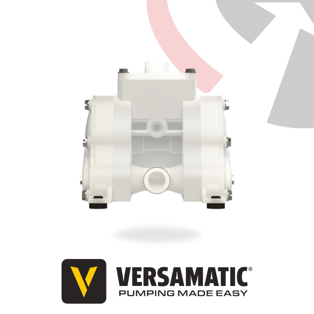 A white Versamatic bolted plastic AODD pump with a visible logo, displayed against a white background with a stylized red and gray design element.