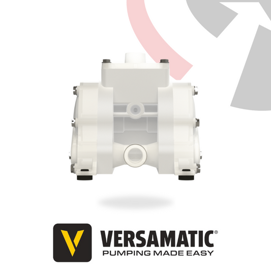 A white Versamatic bolted plastic AODD pump with a visible logo, displayed against a white background with a stylized red and gray design element.