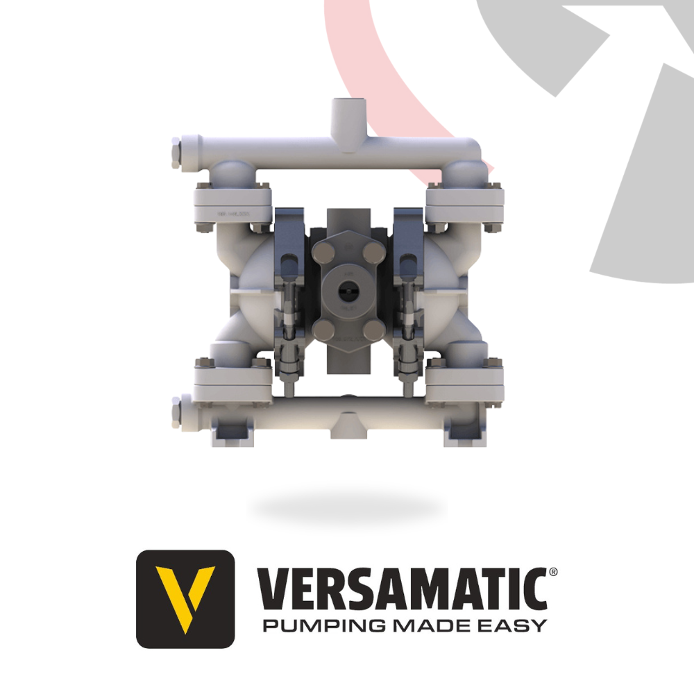 A compact Versamatic plastic AODD pump, displaying a grey body with the brand logo 'VERSAMATIC - Pumping Made Easy' in the top right corner.