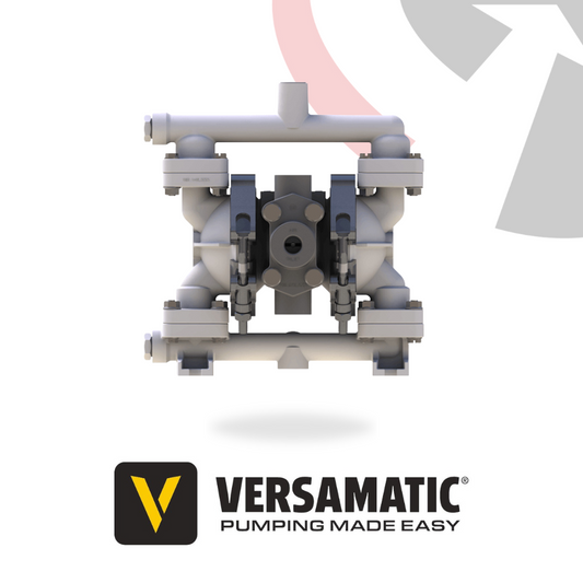 A compact Versamatic plastic AODD pump, displaying a grey body with the brand logo 'VERSAMATIC - Pumping Made Easy' in the top right corner.