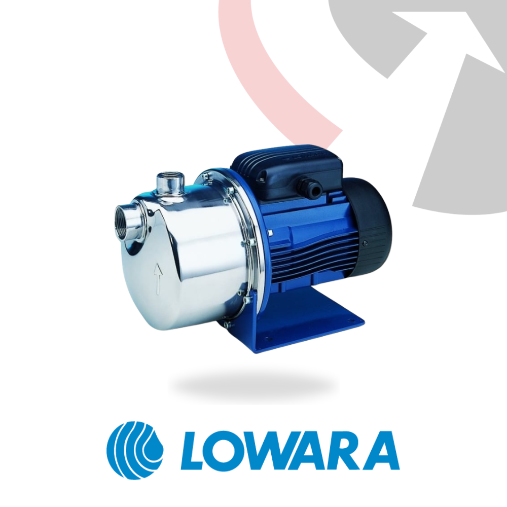 A Lowara self-priming centrifugal pump with a metallic body and blue details, designed for water pumping applications.