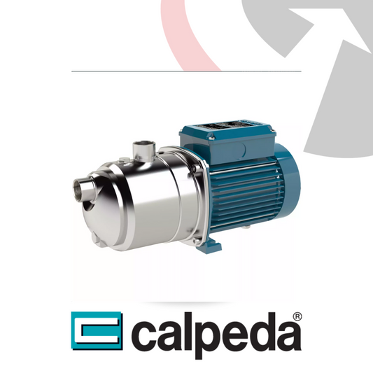 A horizontal multistage pump with stainless steel and blue components, branded with the Calpeda logo.