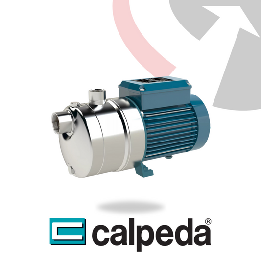 A horizontal multistage pump made of stainless steel with a blue motor housing on a white background, featuring the Calpeda brand logo.