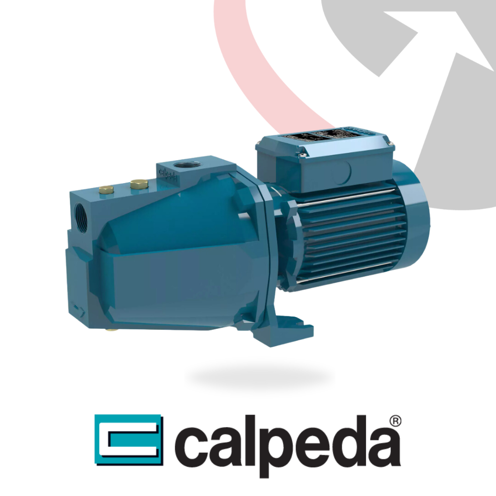 A Calpeda self-priming jet pump with a blue cast iron casing and a black motor housing, branded with the Calpeda logo.