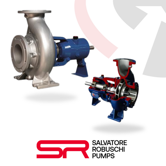 TWO centrifugal pumps with closed impellers from Salvatore Robuschi Pumps, featuring variations in size and design, with the company logo displayed.