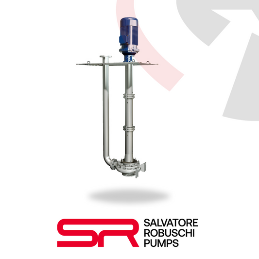 A Salvatore Robuschi vertical centrifugal pump with a blue motor housing on top, connected to a white and silver pump body, mounted on a white base with the SR logo.