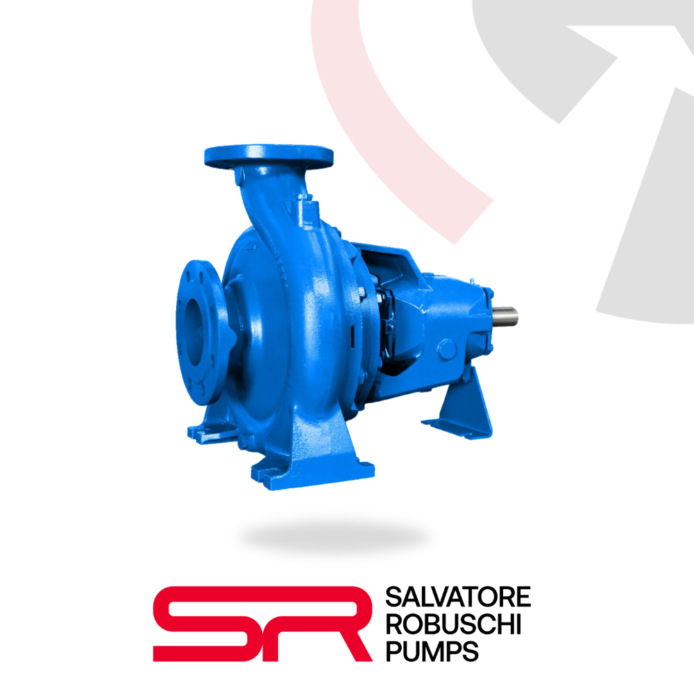 A blue centrifugal pump with a closed impeller, branded with 'SR Salvatore Robuschi Pumps'.