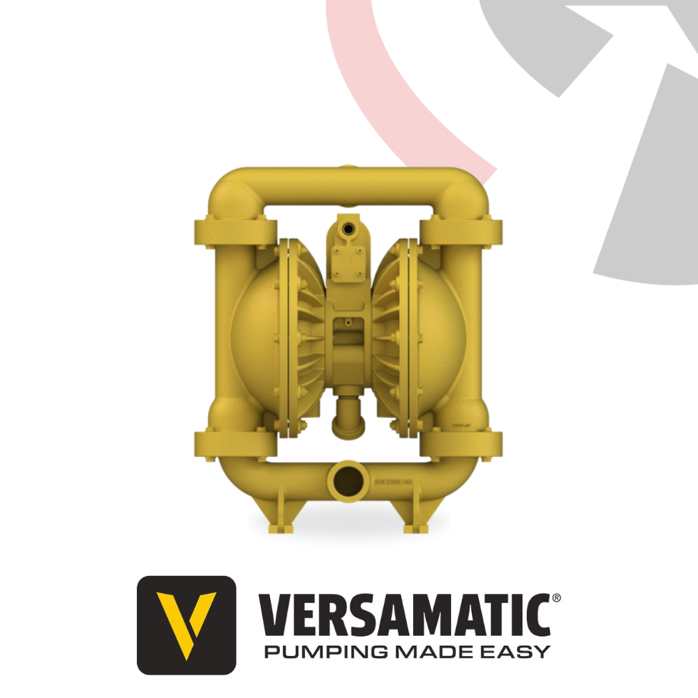A yellow Versamatic stainless steel bolted AODD pump with black accents, displayed against a graphic background.