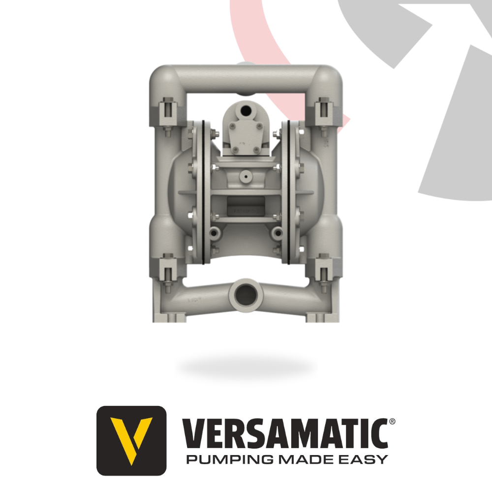 A gray Versamatic aluminium bolted metal AODD pump with a visible logo and the text 'PUMPING MADE EASY' on a graphic background.