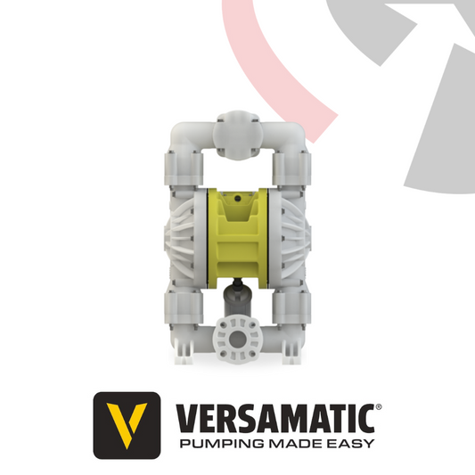 A Versamatic 2 inch (51mm) E2 polypropylene bolted AODD pump, displayed against a graphic background, highlighting the product's features and functionality.