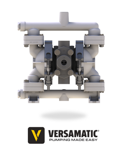 A Versamatic 1/4 inch (6mm) clamped plastic AODD pump, displaying a gray body with the company's logo.