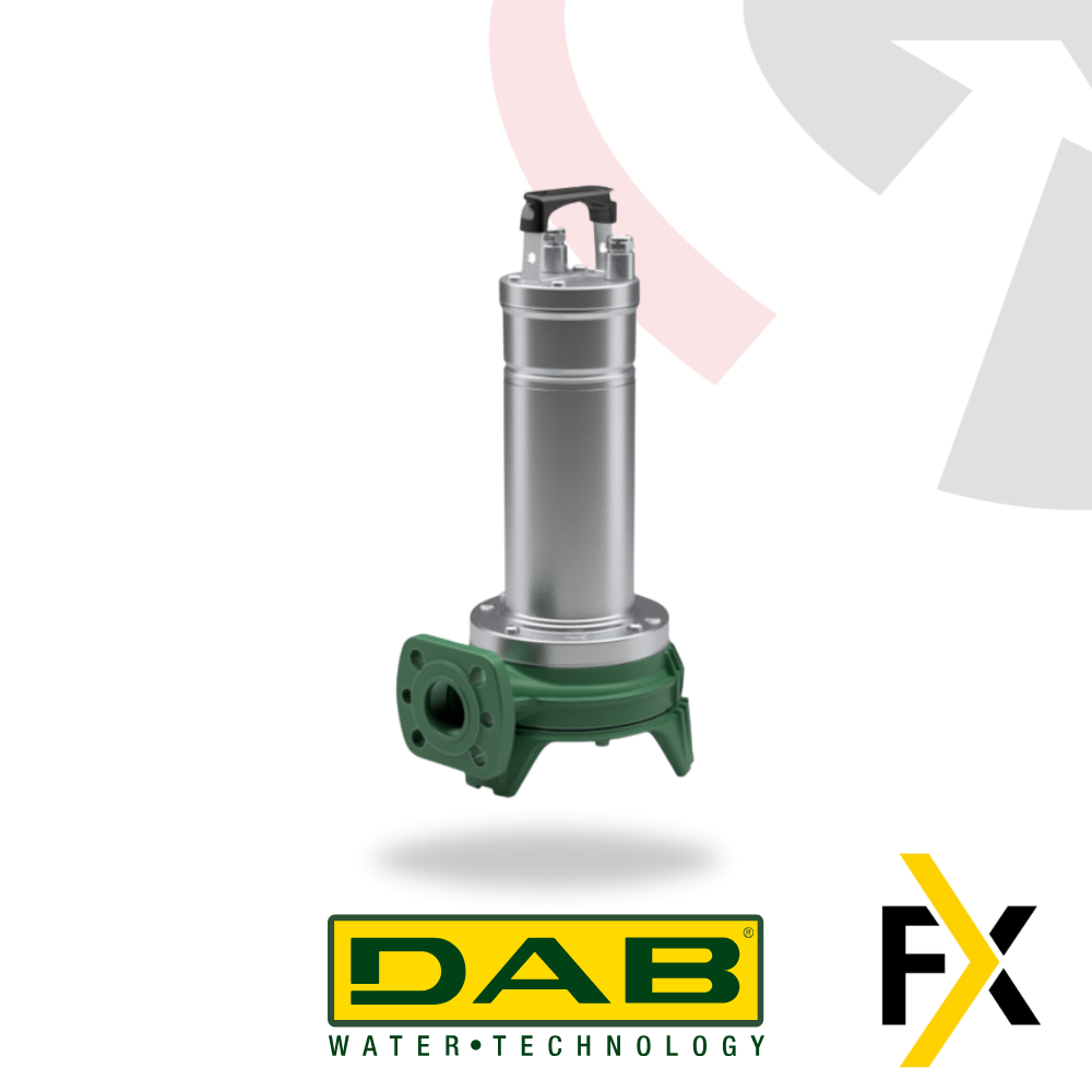 submersible pumps with shredders, one with a red valve and the other with a gray valve, both on a green base, with the DAB brand logo and the FX symbol in the foreground.