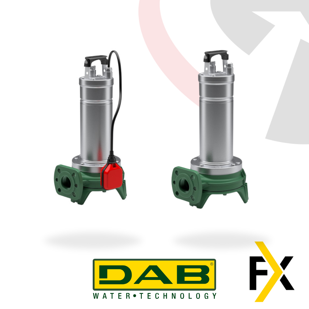 submersible pumps with shredders, one with a red valve and the other with a gray valve, both on a green base, with the DAB brand logo and the FX symbol in the foreground.