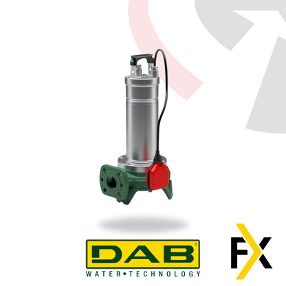  submersible pumps with shredders, one with a red valve and the other with a gray valve, both on a green base, with the DAB brand logo and the FX symbol in the foreground.
