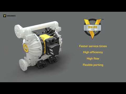 versamatic video of the valor series showcasing faster service times, high efficiengy, high flow and flexible porting. the video shows the pump on a 3d scale while the balls are showing the patent pending mechinisms with flow rates. external features such as moving feet, whcih clam on easily air flow and ater resistant wtith easy to change ports.