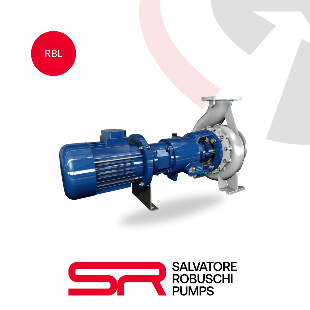 Salvatore Robuschi RBL long-coupled vortex impeller pump for wastewater transfer and heavy solids handling.
