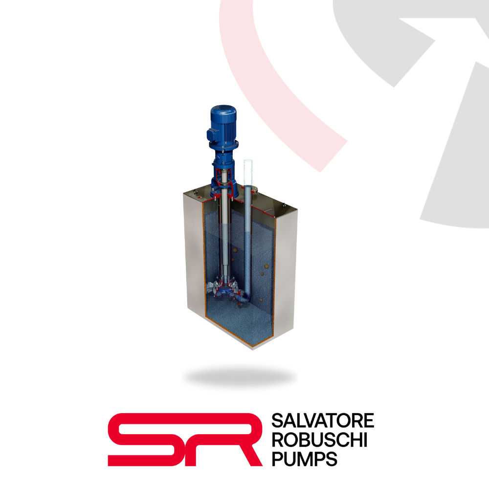 Salvatore Robuschi vertical cantilever pump with channel impeller for effluent transfer, drainage and industrial water systems.