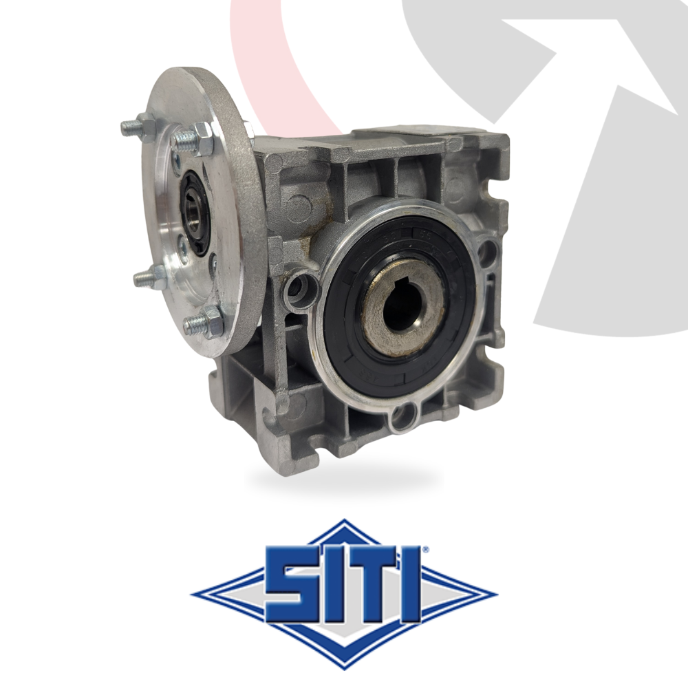 Side view of the SITI MI30-80 worm gearbox with D63 B14 motor flange and hollow output shaft.

