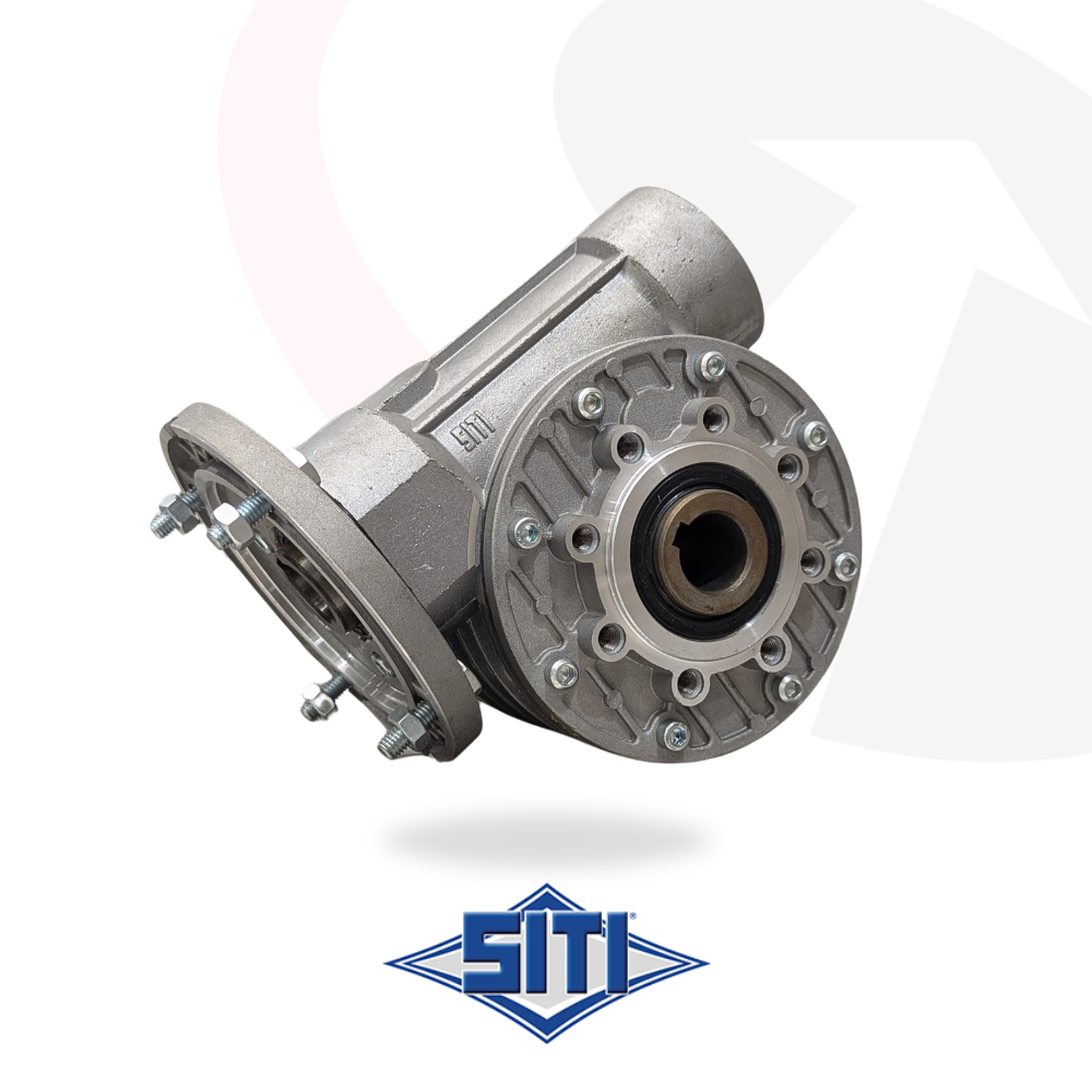 SITI MI40FP worm gearbox with foot-mounted design and hollow output shaft, shown in standard housing configuration.
