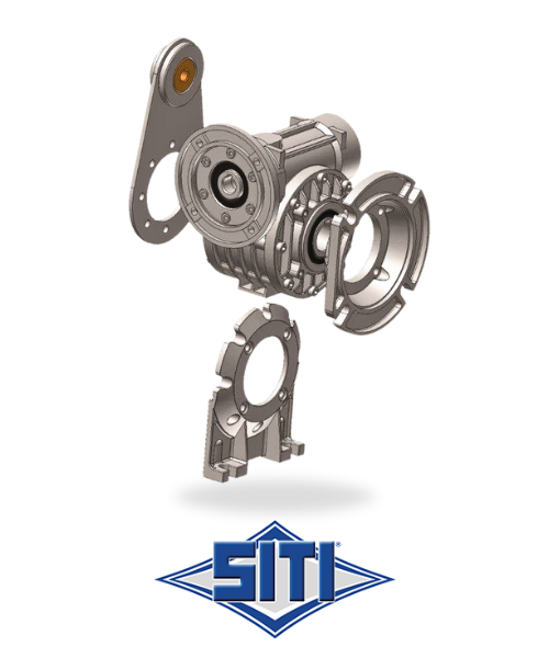 SITI MI80FP 50:1 worm gearbox with D80 B14 motor interface, foot-mounted housing and hollow output shaft, in stock for rapid UK dispatch.
