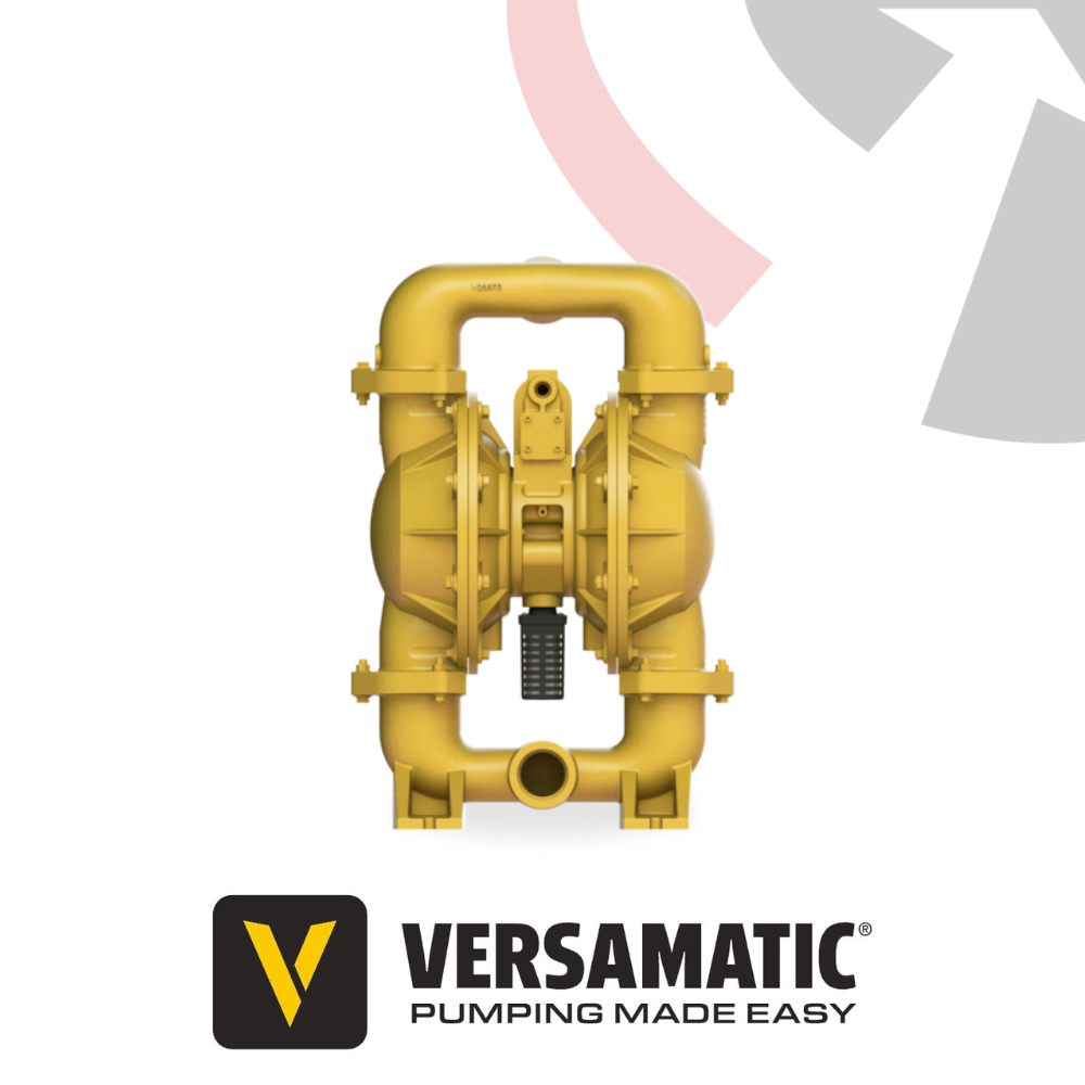 A yellow Versamatic 2 inch (51mm) E2 aluminium bolted AODD pump, displaying a front view with the Versamatic logo and the text 'PUMPING MADE EASY'.