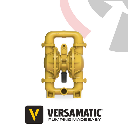 A yellow Versamatic 2 inch (51mm) E2 aluminium bolted AODD pump, displaying a front view with the Versamatic logo and the text 'PUMPING MADE EASY'.